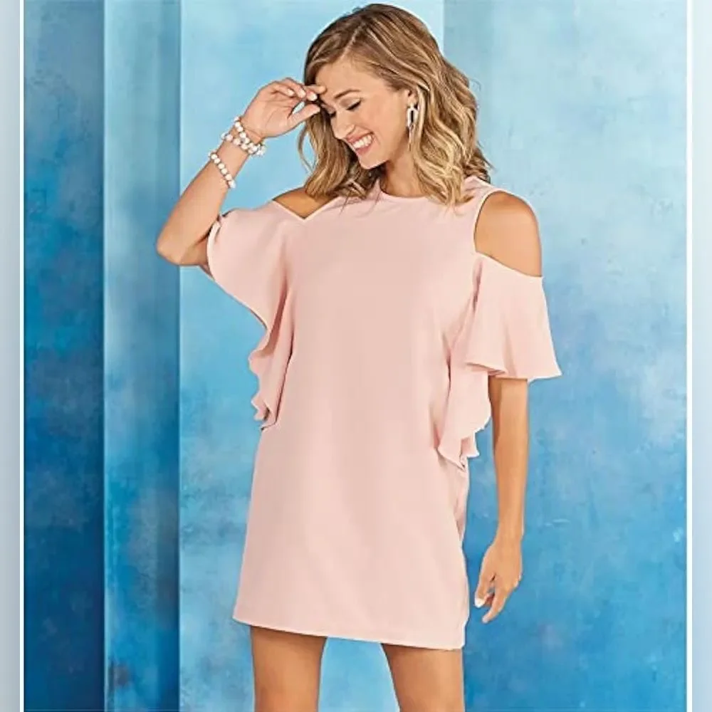 Mud Pie Women's Birdie Ruffle Cold Shoulder Dress in Pink Size Medium - Picture 4 of 9